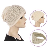 Swirly Beanie with Beaded Crochet Headband Beige